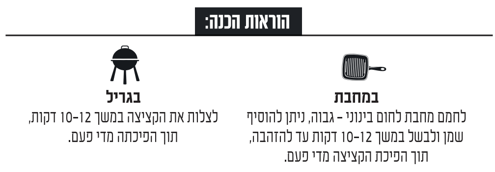 הוראות הכנה של המבורגר חלבון במחבת- לחמם מחבת לחום בינוני-גבוה, ניתן להוסיף שמן ולבשל במשך 10-12 דקות עד להזהבה, תוך הפיכת הקציצה מדי פעם. בגריל לצלות את הקציצה במשך 10-12 דקות, תוך הפיכתה מדי פעם.